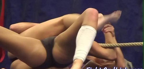  European lesbians wrestling in a boxing ring